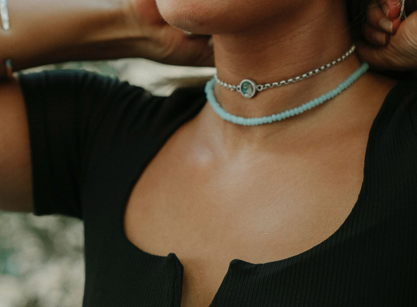 Sterling silver signature choker with blue mother of pearl