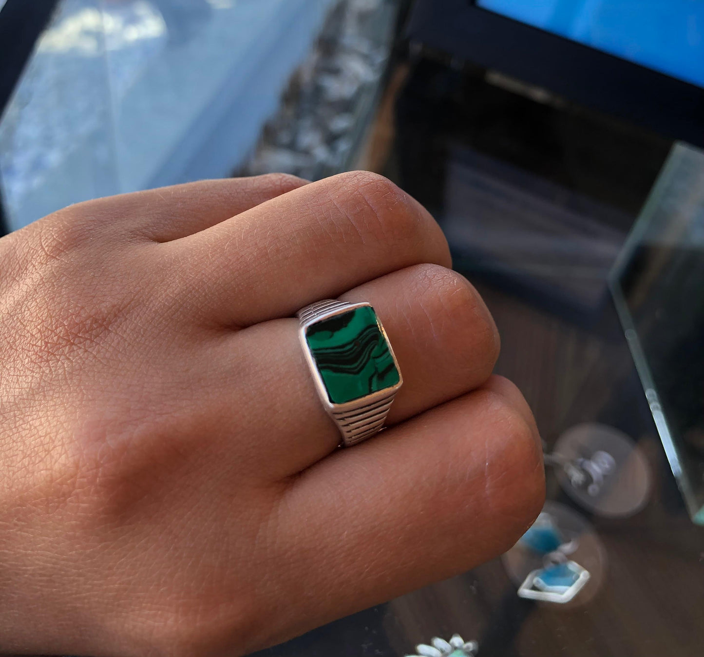 Green malachite Rollie ring
