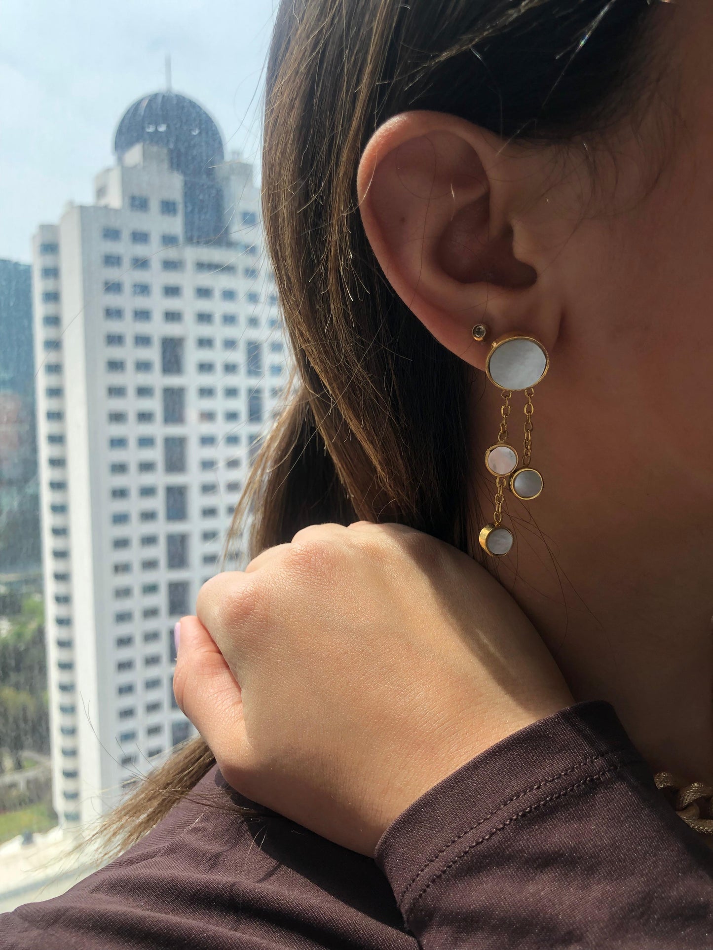 Gold plated sterling silver earrings Three droplet mother of pearl