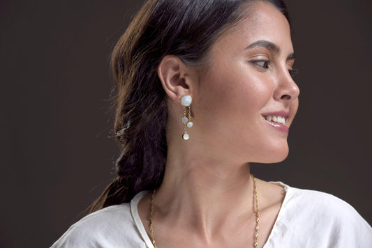 Gold plated sterling silver earrings Three droplet mother of pearl